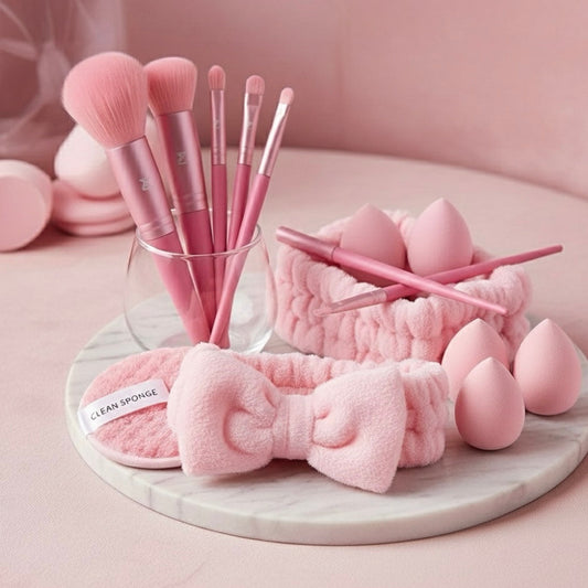 Ultimate Pink Makeup Kit: Brushes, Beauty Sponges, and Headbands for Flawless Application