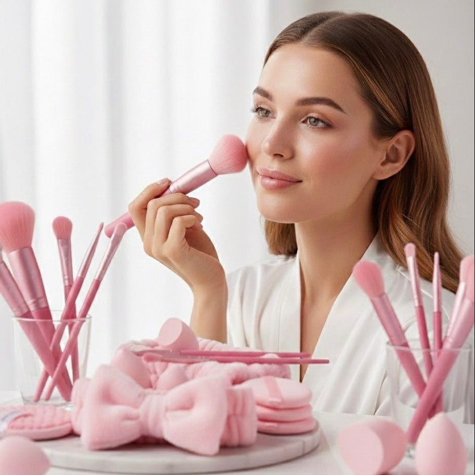 Ultimate Pink Makeup Kit: Brushes, Beauty Sponges, and Headbands for Flawless Application